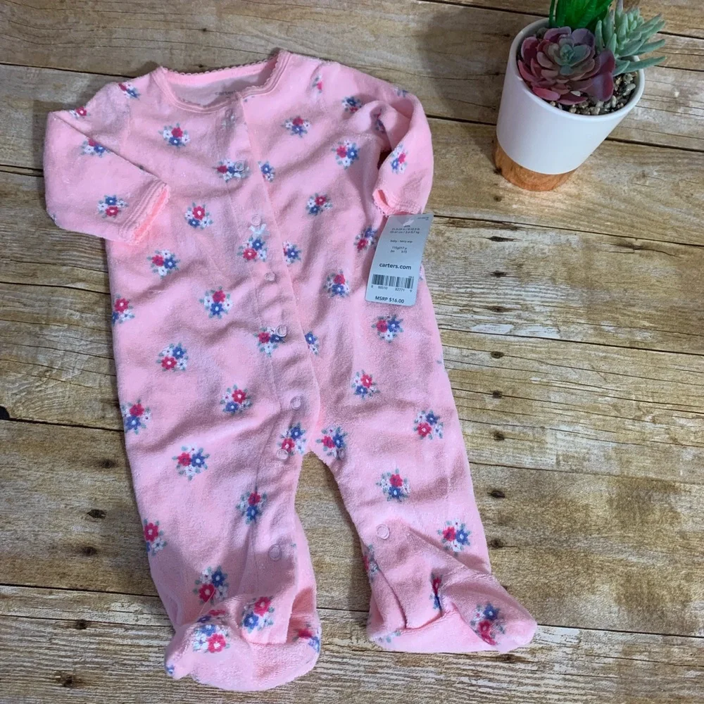 Carters 3M pink footie snap up floral bows soft girly terry cloth warm new